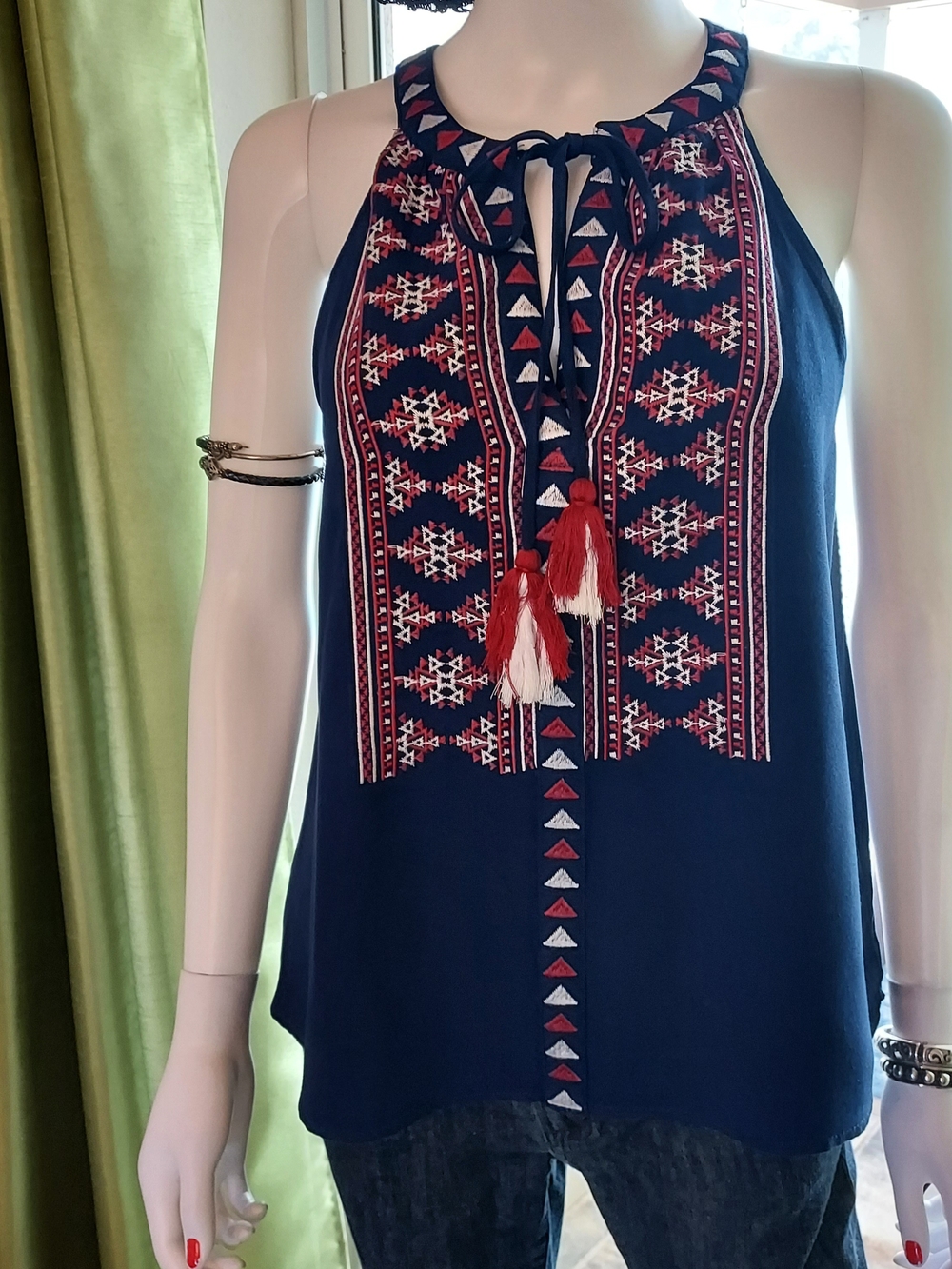 Alya Navy Halter Needle PointTunic with Red & White Embroidery and Tassels Sz S.